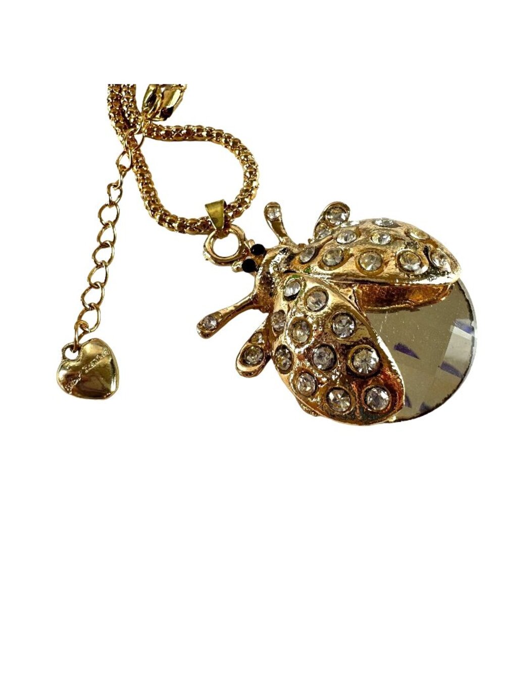 Smokey Crystal Ladybug Pendant Necklace Gold Tone